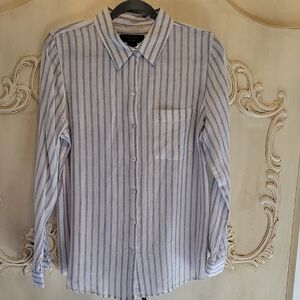 Tahari Blue And White Stripe Linen Shirt Size L